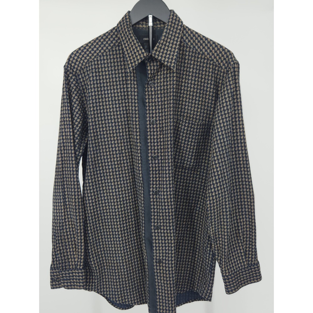 Claiborne Mens L Blue Tan Textured Grid Corduroy Long Sleeve Button Down Shirt